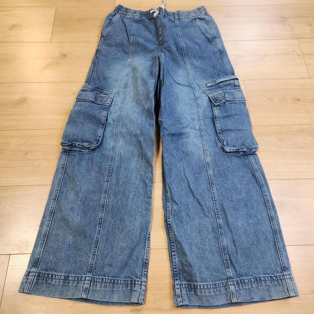 ALAB Jeans Mens Medium Blue Med Wash Relaxed Wide Leg Cargo Denim Drawstring Y2K